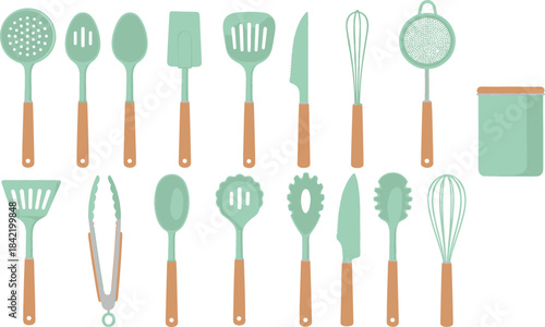 A large, organized vector collection of modern kitchen utensils including spatulas, spoons, whisks, and tongs in a trendy pastel green color, perfect for cooking-themed designs