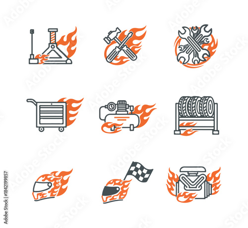 Racing icons collection automotive repair and motorsport symbols