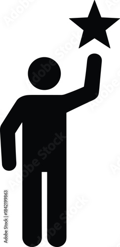 Black minimalist person stick figure reaching up high to touch a star, symbolizing ambition, success, goal achievement, excellence, aspiration, talent, quality rating, and vector graphic icon