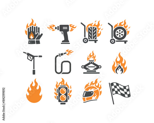 Racing motorsport icons blaze flame set vector illustration
