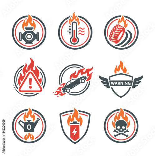 Set of warning symbols on fire with various icons