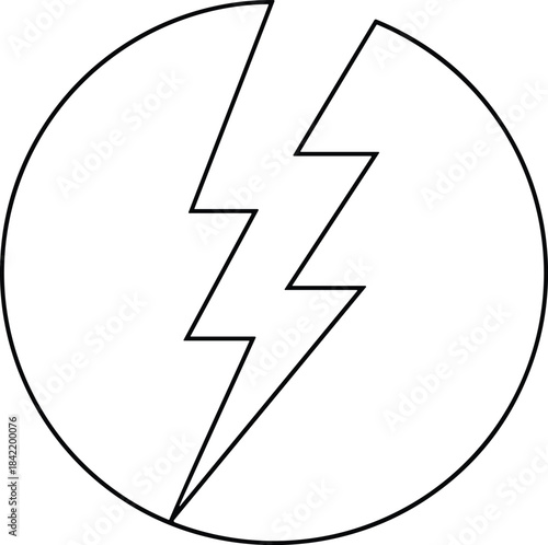 Black outline art electric lightning bolt symbol in a dynamic split circle, representing power, flash, energy, dynamic charge, fast delivery service, modern technology, and clean vector icon