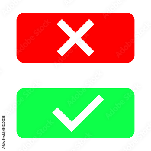 Essential digital icons for user feedback. A prominent red 'X' signifies rejection or error, contrasted with a green checkmark indicating approval and successful validation