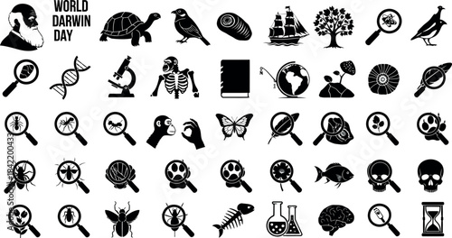 Collection of black silhouette icons depicting science nature and detective themes