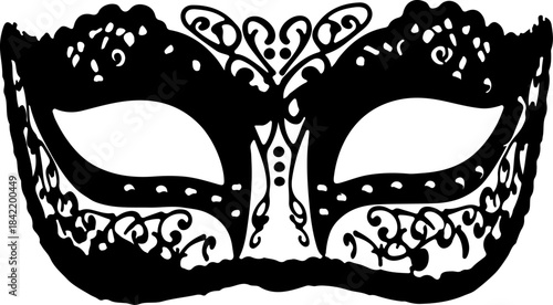 Elegant and Mysterious Ornate Black Masquerade Mask with Intricate Lacy Patterns, Ideal for Festive Celebrations and Theatrical Designs