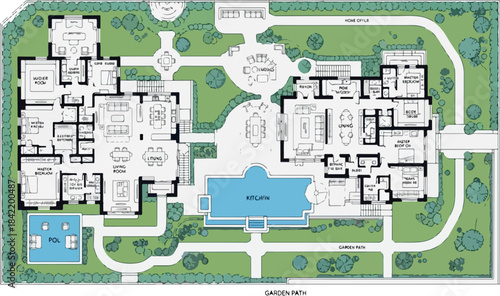 Detailed Architectural Floor Plan Blueprint of Luxury Estate with Pool and Gardens