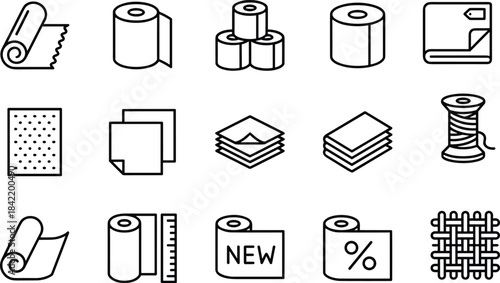 Toilet paper icons, fabric rolls, tissue stack, thread spool, household supplies, textile symbols, paper product vector, clean hygiene set