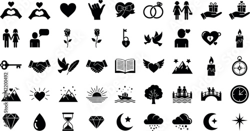 Collection of black silhouette icons representing love faith and spiritual concepts