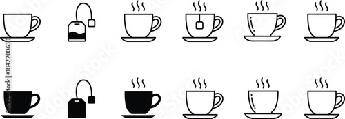 Minimal tea and coffee cup icon set featuring steaming mugs, tea bags, line art outlines, modern beverage symbols for café and drink design