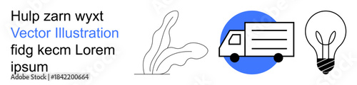 Sustainability, logistics, transportation, innovation, eco-friendly ideas, delivery concepts. Minimalist truck, plant leaf and light bulb icons. Logistics and sustainability illustrated concept