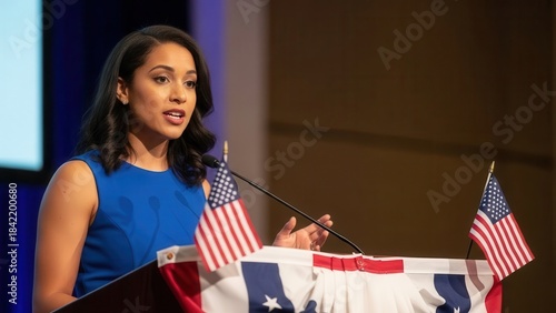 congresswomanspeaking at a podium with american and texas flags