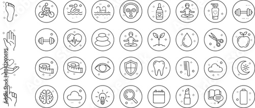 Minimal wellness and fitness line icons set featuring health care, self-care, meditation, beauty, exercise, nutrition, mindfulness, hygiene symbols