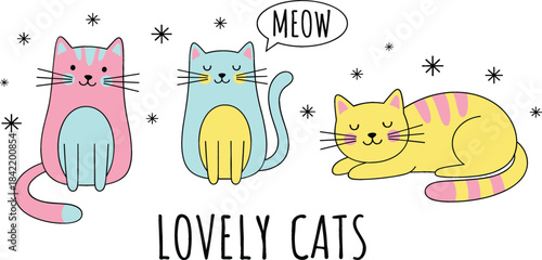 A delightful vector illustration featuring a trio of lovely, pastel-colored, stylized cartoon cats in playful and happy poses, perfect for kids' apparel and greeting cards.
