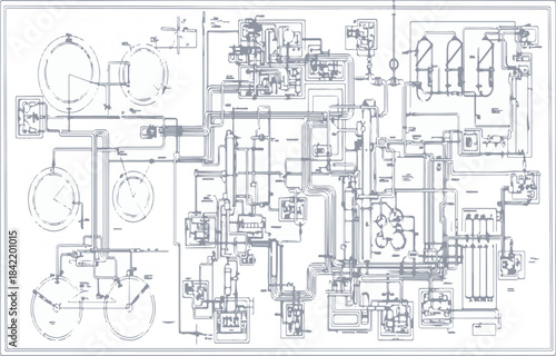 Complex technical engineering process diagram or schematic blueprint illustration