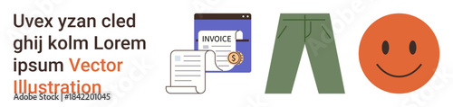 Business documents, clothing, emotions, corporate messaging, invoices, financial tracking. Invoice and receipt icons, pants and a happy face. Business documents and clothing concept