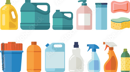 Cleaning supply vector set, household maintenance illustration, detergent bottle design, spray container artwork, sanitation product graphic, hygiene concept pack