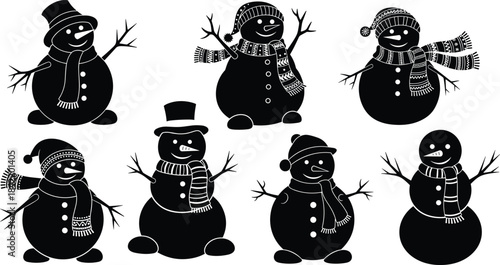 Christmas snowman silhouette vector set, festive winter character design, holiday accessory illustration, hat scarf twig arm graphic, seasonal decoration pack