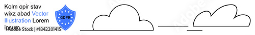 Data security, privacy management, cloud technology, GDPR compliance, online services, cybersecurity. A GDPR shield icon next to a cloud connection design. GDPR compliance and data security