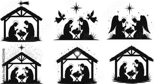 Nativity scene silhouette vector set, Christmas religious illustration, holy family, baby Jesus, star of Bethlehem, manger, angel, Christian holiday design