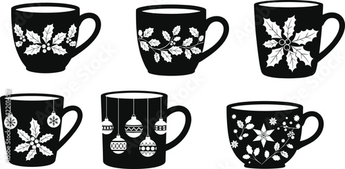 Christmas mug silhouette vector set, festive holly ornament design, black holiday cup illustration, seasonal decoration, winter graphic pack, cozy drink concept