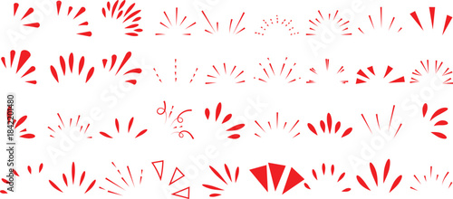 Collection of various red hand drawn sunburst rays and starburst elements for graphic design accents
