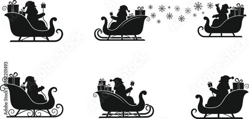 Santa Claus sleigh silhouette vector set, Christmas gift delivery design, festive holiday illustration, snowflake magic, black graphic pack, seasonal celebration