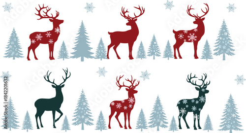 Christmas reindeer forest vector set, festive snowflake pattern design, winter pine tree background, holiday silhouette illustration, seasonal decoration graphic pack