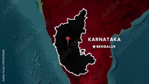 Karnataka map highlight animation. India state outline with glowing border, location pin on Bengaluru, regional label, and textured coastline background showing geographic identification