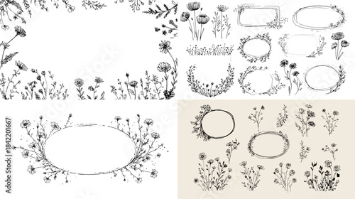 Floral decorative wreath and frame collection with hand drawn botanical elements. Ideal for invitations stationery wedding designs and elegant nature themed layouts.