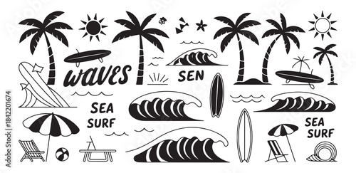 Summer surfing beach elements vacation palm trees waves sun chair umbrella beach ball sea surf waves isolated vector