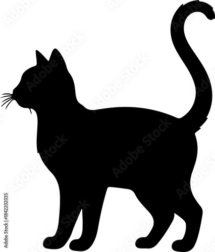 Black Cat Silhouette Side View Standing Profile Isolated on White