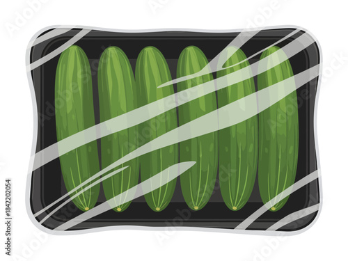 Six fresh green cucumbers are neatly packed vertically in a black tray, sealed beneath a layer of transparent plastic wrap with diagonal glossy highlights in this colorful vector illustration