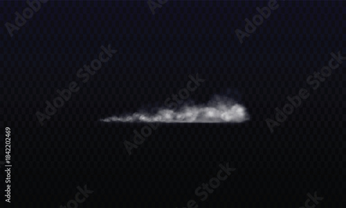 Wispy white smoke trail effect isolated on a dark transparent background for visual effects design