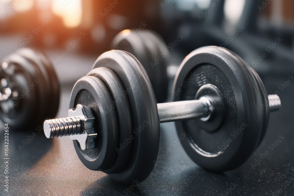 Naklejka premium Weight training equipment and dumbbells set up in a gym for strength training and fitness exercises in a well-lit environment