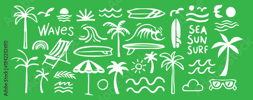 Summer surfing beach elements vacation palm trees waves sun chair umbrella beach ball sea surf waves green background