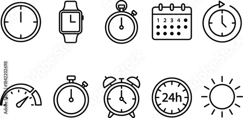 Time and Date Planning Vector Icons Set Clock Watch Timer Calendar Schedule Management Punctuality Stopwatch Day Alarm 24h Retro Symbol Collection Black Outline Kit.