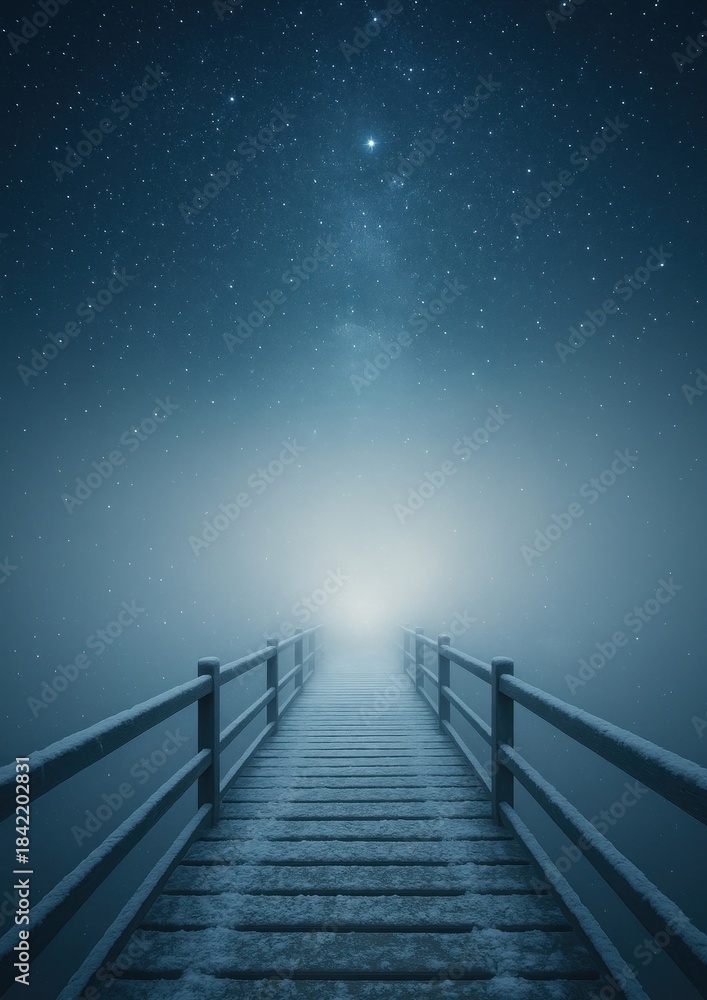 Naklejka premium Mystical snowy bridge under stars