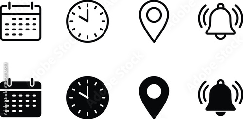 Time Management Planning Calendar Location Reminder Vector Icons Set Clock Watch Timer Schedule Appointment Punctuality 24h Alarm Stopwatch Pin Day Black Outline Silhouette Kit.