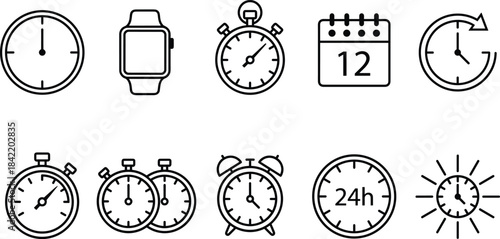 Time Management Planning Icons Set Vector Outline UI/UX Design Elements Clock Watch Timer Stopwatch Calendar Reminder 24h Retro Alarm Symbol Collection Black Thin Line.