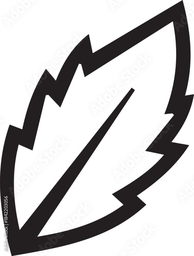 Bold black outline of a single leaf with a prominent central vein, symbolizing nature and growth.