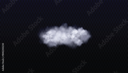 Small white smoke puff isolated on a dark black background perfect for visual effects overlays