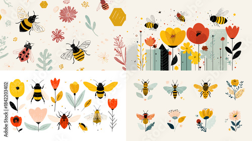 Cute floral and bee illustration collection with flowers leaves and insects in soft pastel style. Perfect for spring decor nursery art nature themes and cheerful design projects.