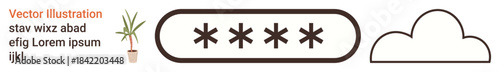 Data protection, cloud computing, cybersecurity, digital storage, password security, information technology. A password field with asterisks, cloud icon and potted plant. Cybersecurity and cloud