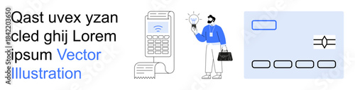 Financial technology, digital payments, innovation, business solutions, mobile transactions, e-commerce. A businessman holds a lightbulb near a payment terminal and abstract design of a card