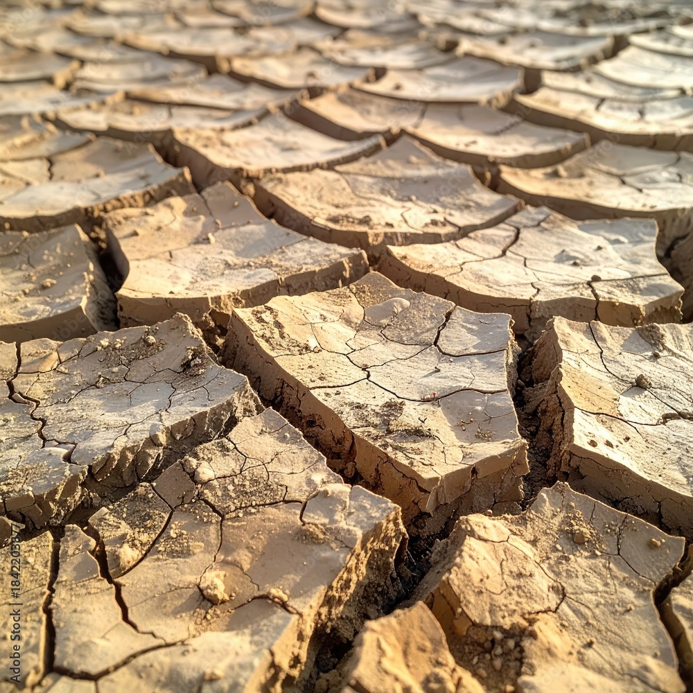 Fototapeta premium Dried earth, cracked and parched. A close-up view of arid land