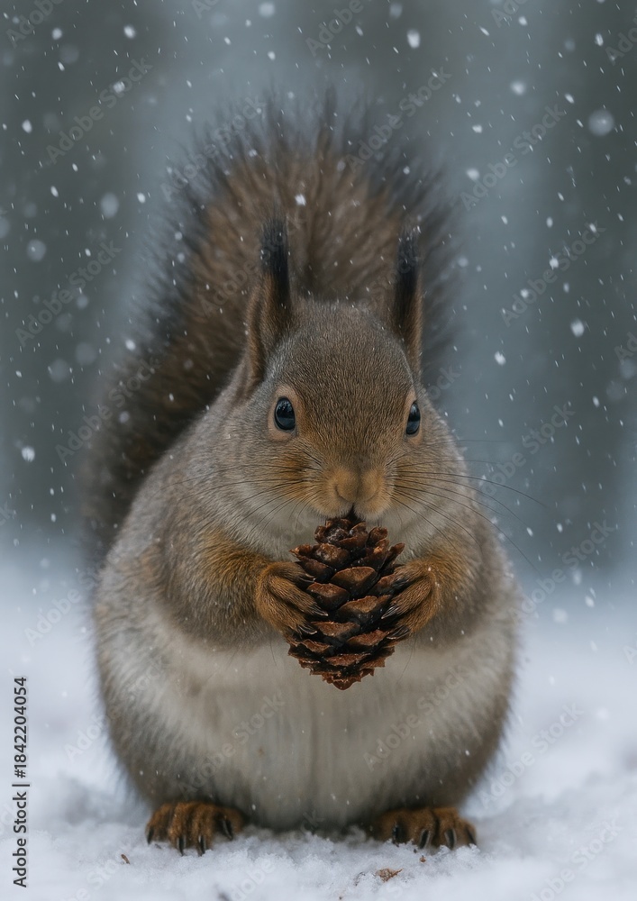 Fototapeta premium Squirrel holding pine cone snowing