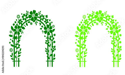 Floral Garden Arch with Flowers and Leaves Vector Illustration, Green Trellis Arbor in Light and Dark Variants, Romantic Wedding Arch Clipart, Spring Summer Nature Decoration Graphic, Vine Covered 