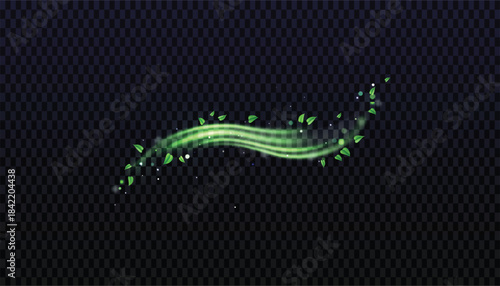 Glowing green magical energy wave with leaves flowing across a dark abstract background design element