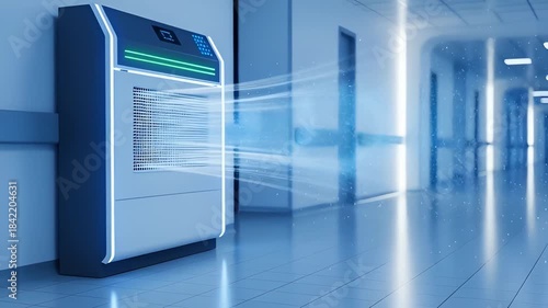 Advanced air purification system operating in a clean modern facility hallway