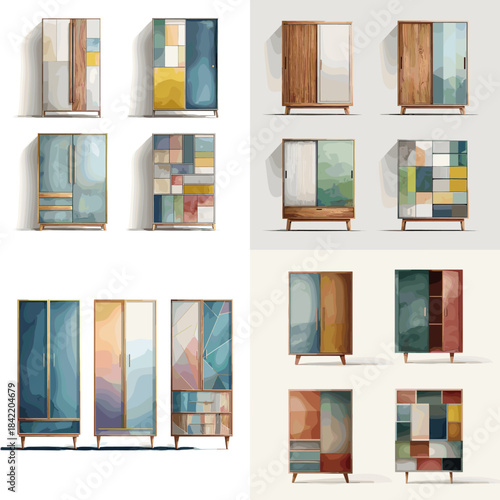 Modern wardrobe furniture collection with abstract colorful panels in minimalist illustration style. Perfect for interior planning home storage concepts and contemporary design projects.